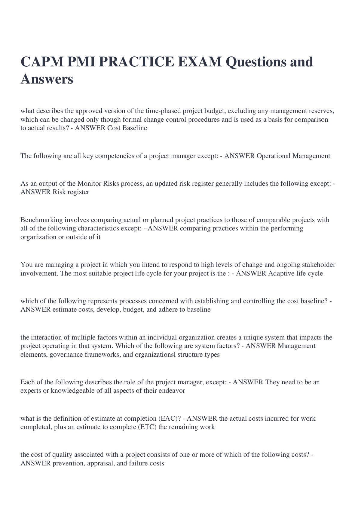 Preview image for CAPM PMI PRACTICE EXAM Questions and Answers